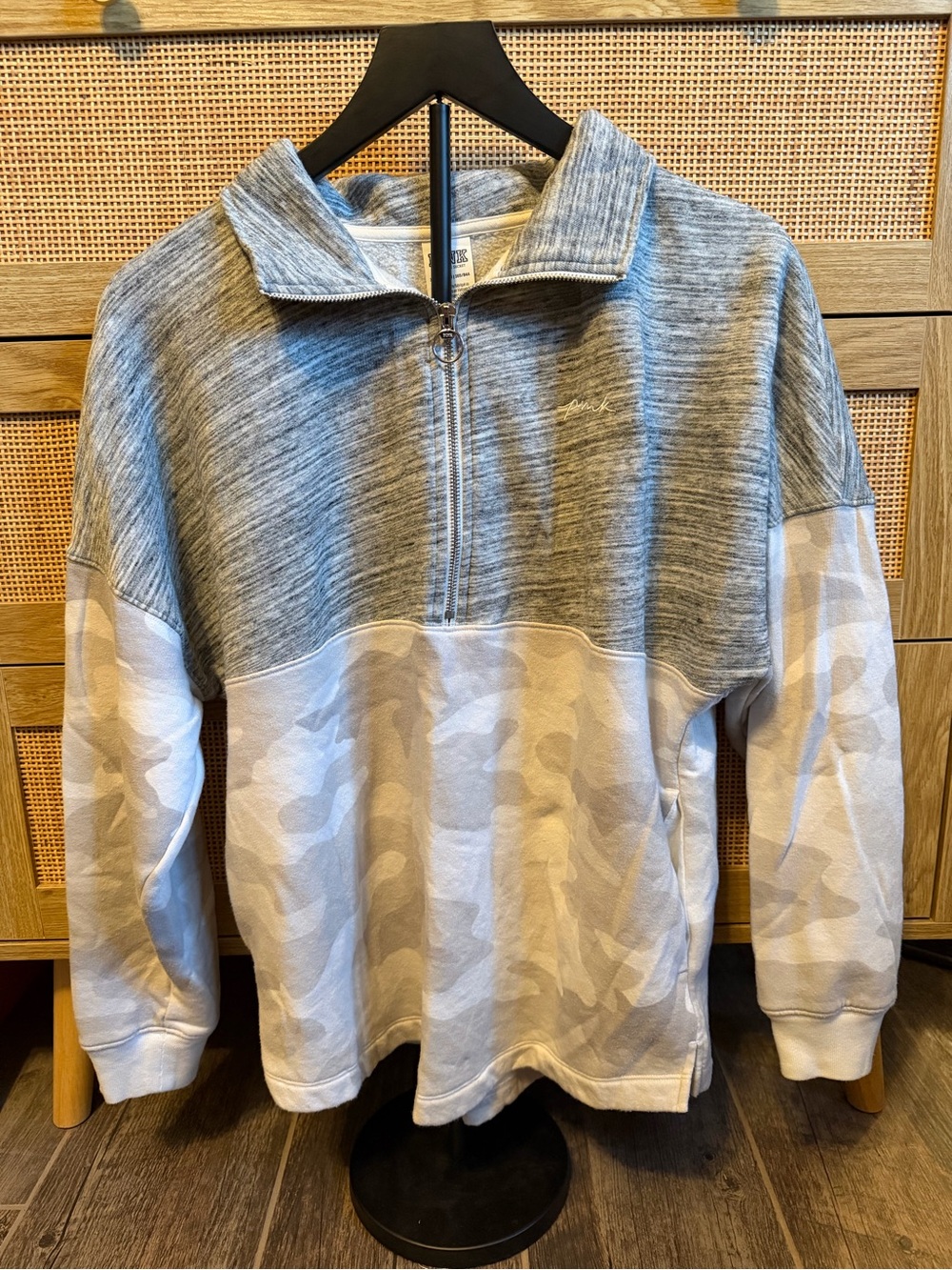 PINK Victoria's Secret Gray Half-Zip Pullover with Light Gray Camo